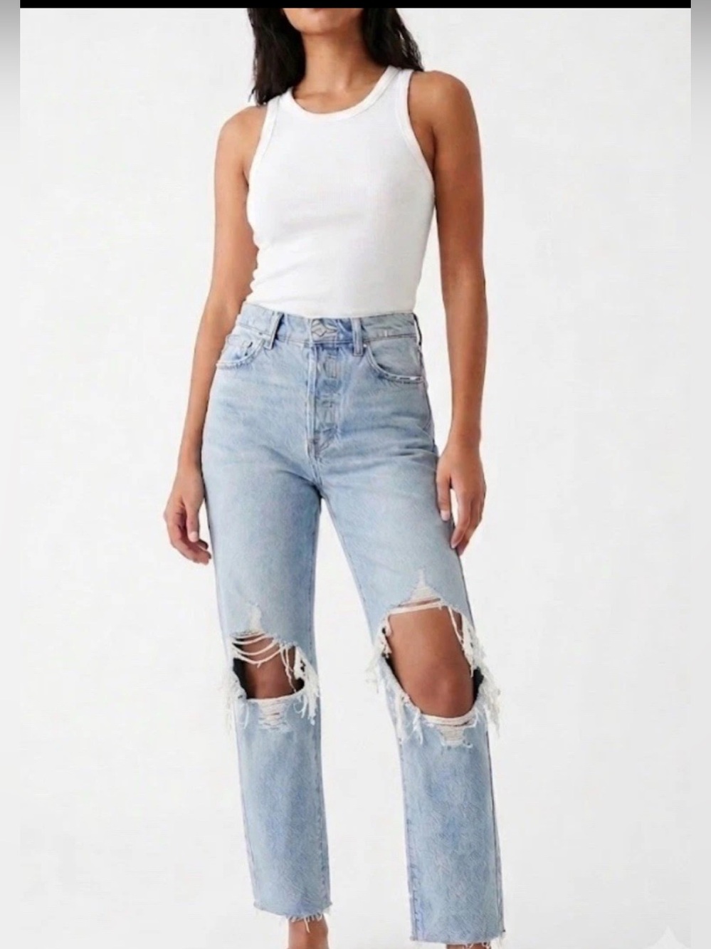 REVICE Light Blue High-Rise Cropped Distressed Straight Jeans 28